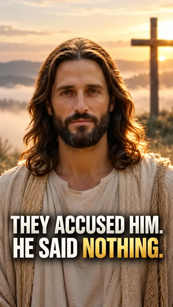 Jesus standing on a misty hilltop at sunrise beside an empty cross